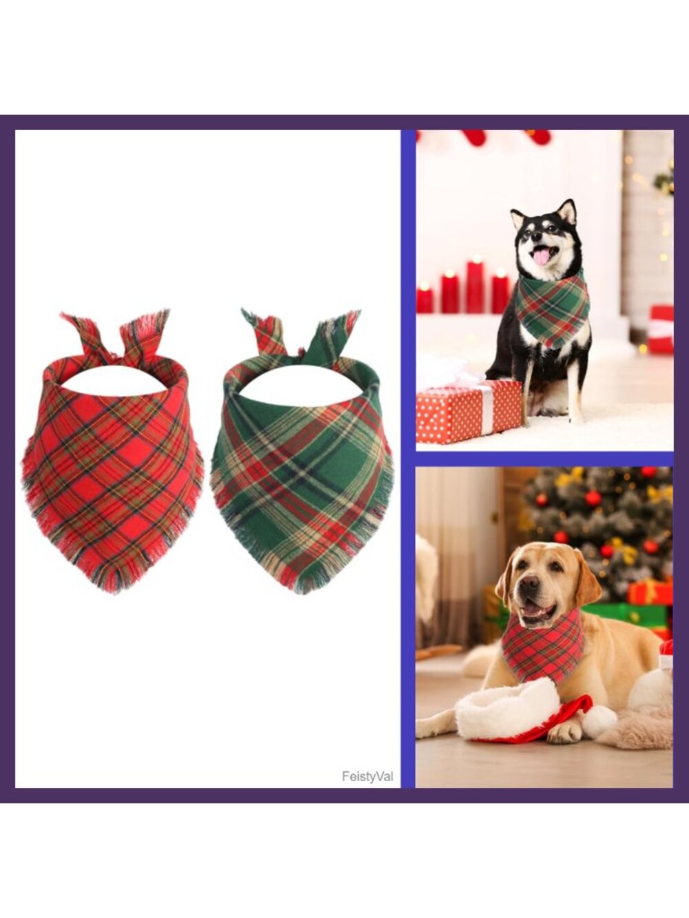 Christmas Dog Bandana 2PCS Large Plaid Scarf Polyester-Cotton